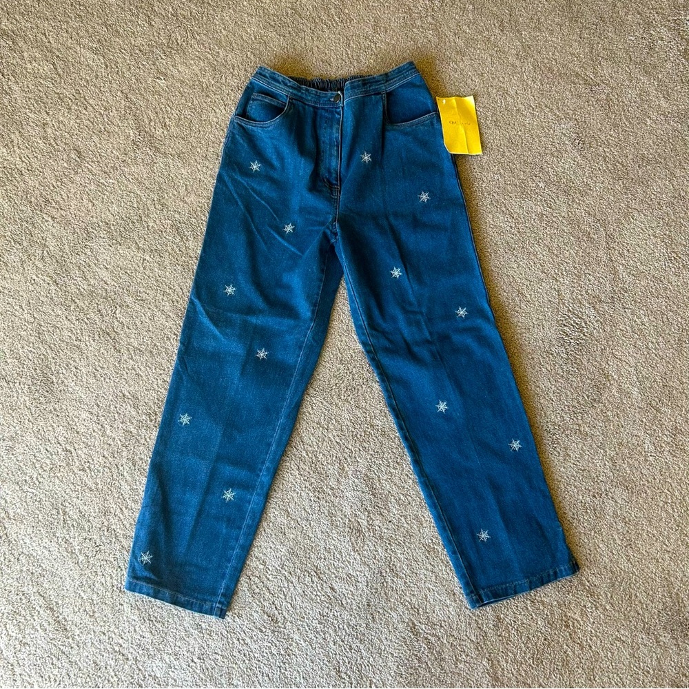 Quacker Factory Dark Blue Straight Leg Jeans with Star Embroidery